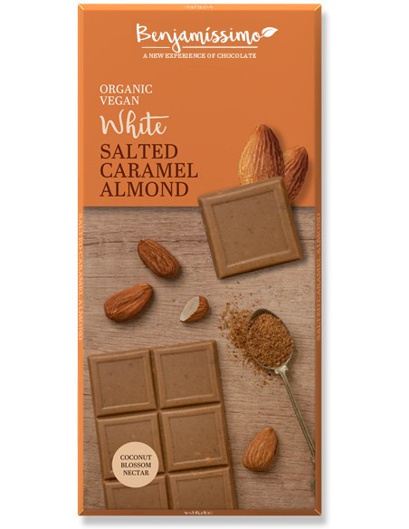 Ciocolata alba cu migdale si caramel sarat bio, 70g, Benjamissimo                                   