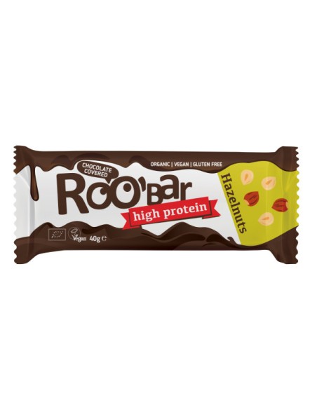 Baton proteic cu alune de padure invelit in ciocolata bio 40g Roobar                                