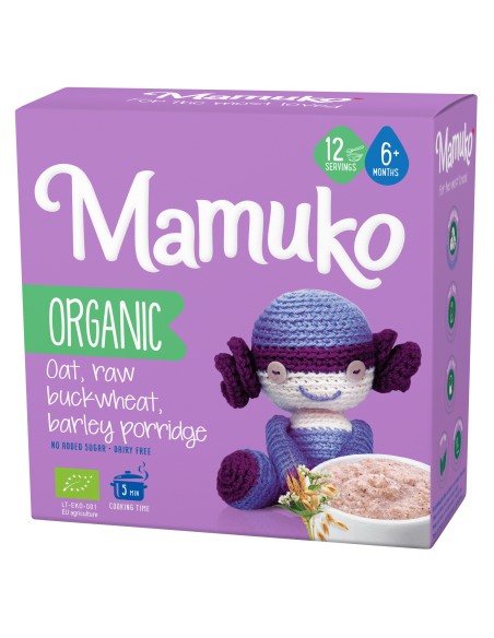 Porridge din 3 cereale ovaz, hrisca si orz bio, 6+ luni, 200g Mamuko                                