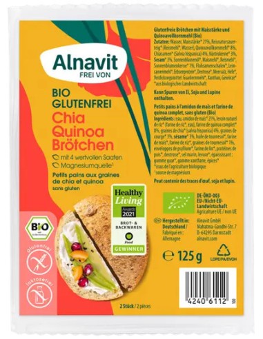 Chifle cu chia si quinoa fara gluten, precoapte, bio, 125g, 2 buc., Alnavit                         