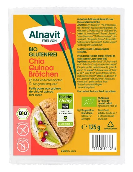 Chifle cu chia si quinoa fara gluten, precoapte, bio, 125g, 2 buc., Alnavit                         