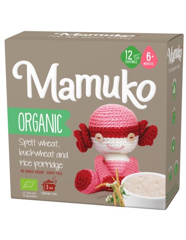 Porridge din 3 cereale, spelta, hrisca si orez bio, 6+ luni, 200g Mamuko                            