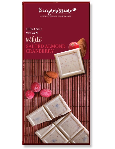 Ciocolata alba cu migdale sarate si merisor bio, 70g, Benjamissimo                                  